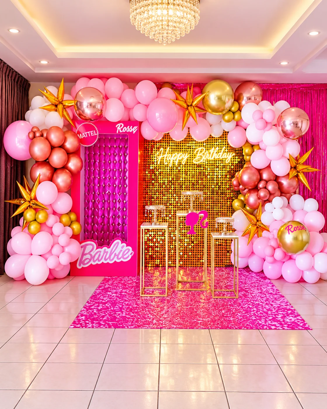 Decoración Barbie Glam con muro shimmer dorado